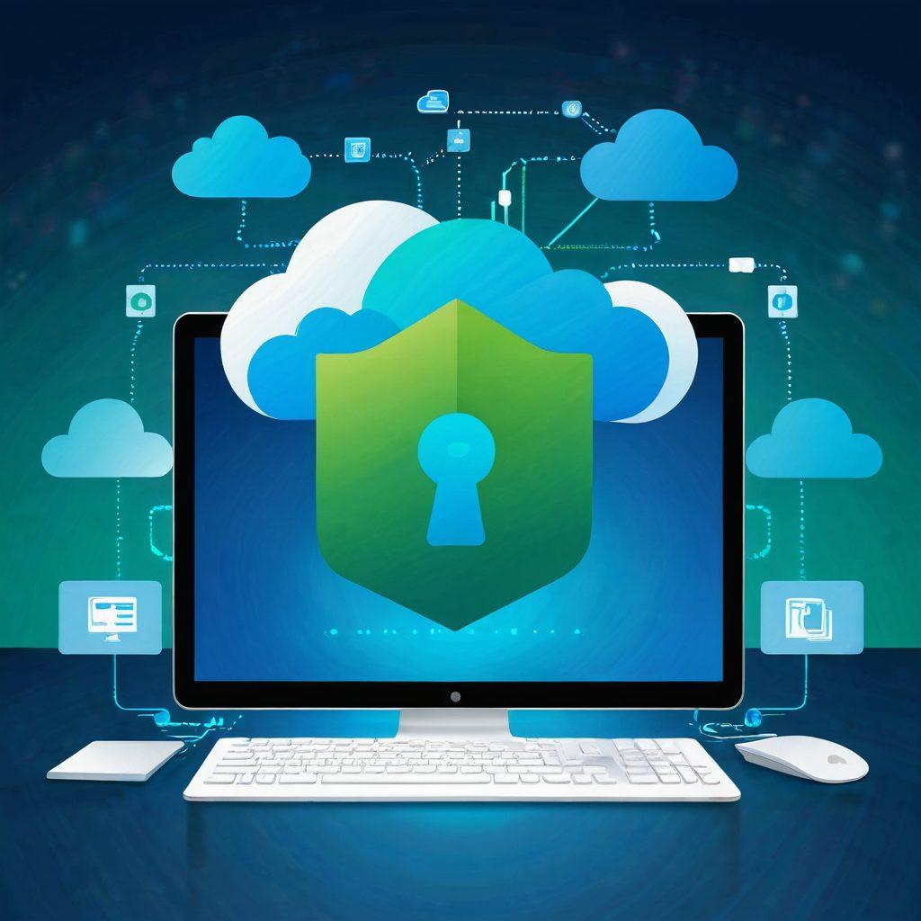 A sleek, modern computer interface displaying an upload progress bar, with files being securely sent over a digital network. Surrounding elements include digital locks and shields symbolizing security, along with vibrant illustrations of cloud storage and file management icons. The background features a gradient of calming blues and greens to convey trust and safety. modern vector art. vibrant colors.