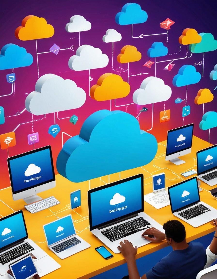 A vibrant digital workspace featuring a diverse group of bloggers collaborating over devices with cloud icons symbolizing data backup. Include elements like overflowing creativity from cloud data, media files specific to blogging, and seamless uploads depicted by arrows. The background should be bright and inviting, suggesting connectivity and community. 3D illustration. vibrant colors.