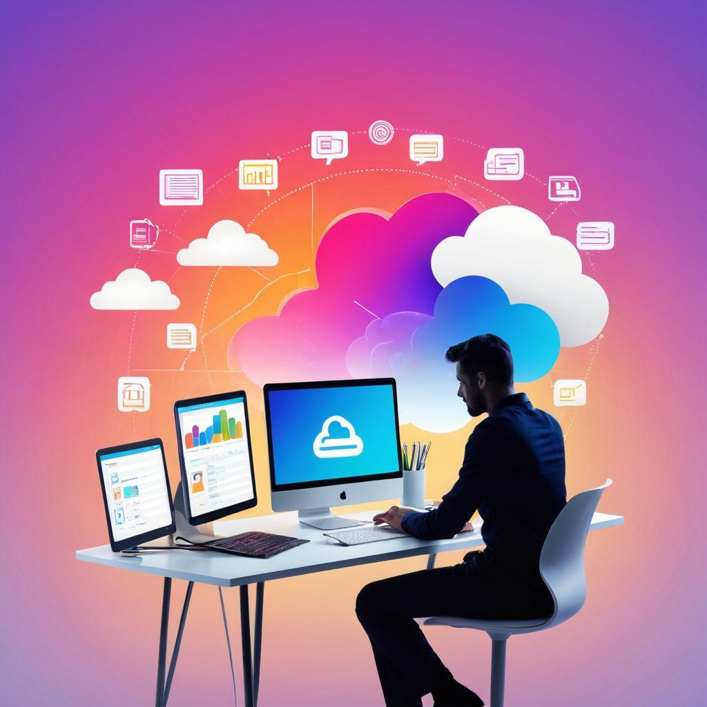 A visually engaging representation of a sleek, modern blogging interface with various file hosting icons, including clouds, folders, and files interconnected by digital lines. The background features a vibrant gradient symbolizing creativity and productivity, while a silhouette of a person brainstorming ideas in the foreground adds a human touch. Include elements like charts and statistics to represent effective content management. super-realistic. vibrant colors. white background.